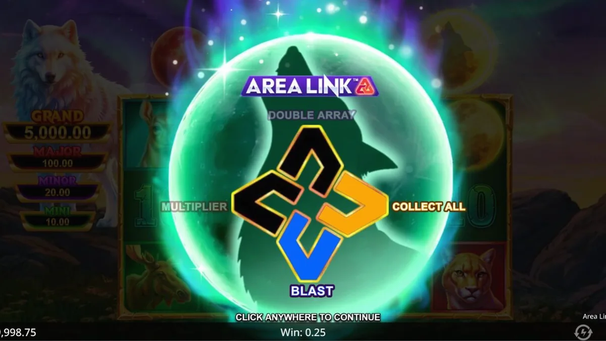 Interface do slot Area Link Wolf Unleashed em um smartphone com tema de aurora boreal