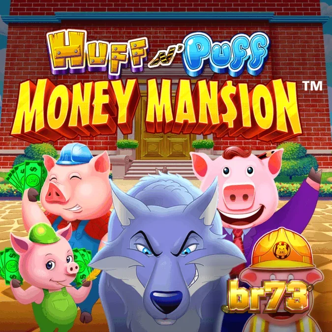 Interface do slot Huff N Puff Money Mansion com elementos de construção e luzes neon